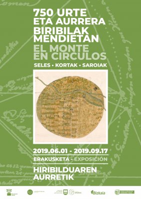 Portada del folleto de la exposición 'El monte en cículos'. Fondo verde y plano antiguo de un sel.